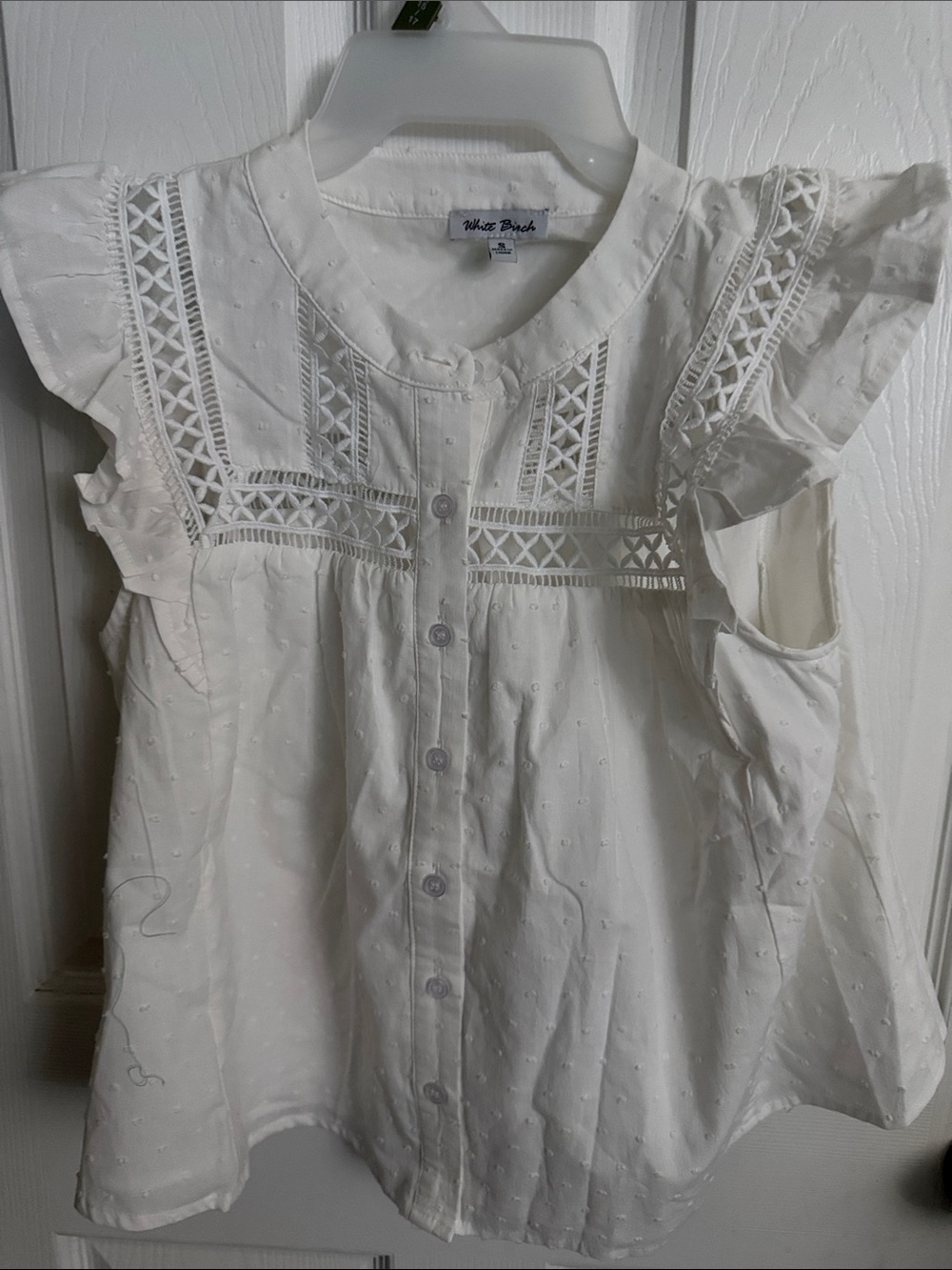 white birch White Eyelet Lace Yoke Button-Up Blouse